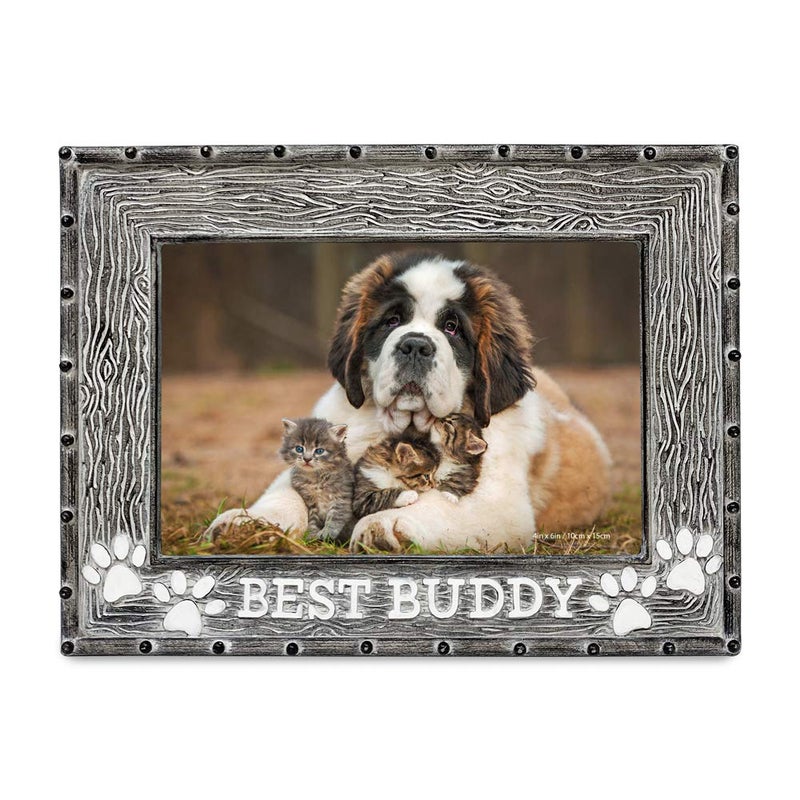 Isaac Jacobs 4â€ x 6â€ Resin Sentiments Dog Best Buddy Picture Frame, Horizontal Keepsake Photo Frame with Easel and Hanging Tabs for Tabletop, Desktop & Wall Display, (Gray) - Image 2